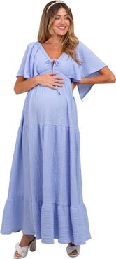 PinkBlush Woven Textured Flutter Sleeve V-Neck Tiered Maxi Dress