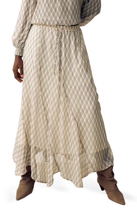 Check Plaid Handkerchief Hem Midi Skirt