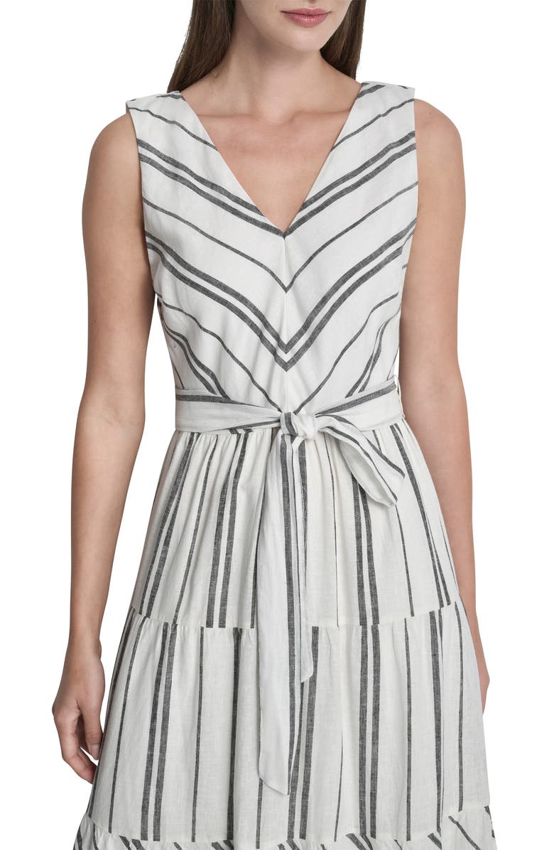 DKNY Stripe Sleeveless Linen Blend Midi Dress, Alternate, color, White/Black