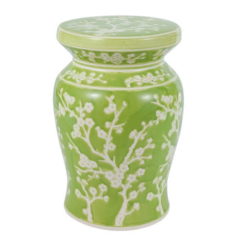 Jonathan Y Cherry Blossom 17.75" Ceramic Garden Stool In Green/white