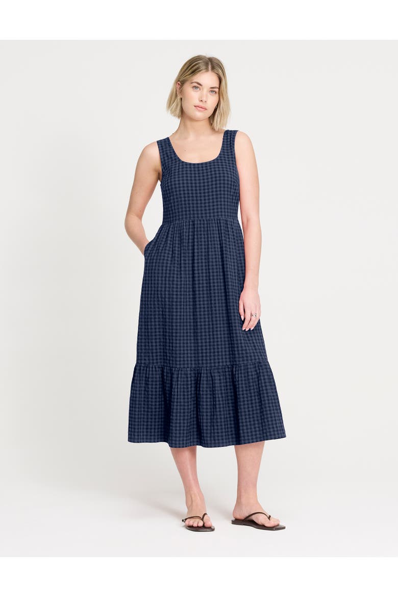 Cara Gingham Seersucker Midi Dress, Alternate, color, Navy
