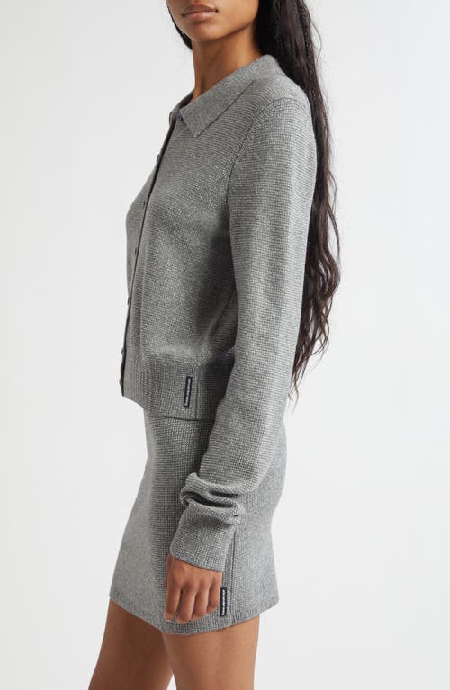Alexander Wang Crystal Hotfix Wool Blend Polo Cardigan In Gray