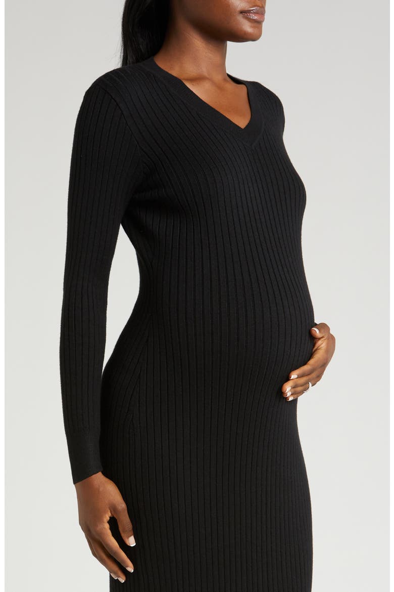 Women's Ribbed Long Sleeve V-Neck Midi Sweater Dress, Alternate, color, SOFT BLACK
