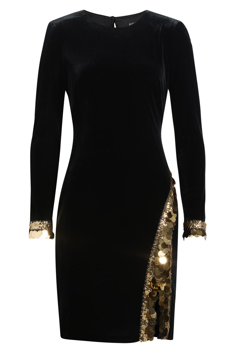 Sequin Long Sleeve Velvet Minidress, Alternate, color, BLACK