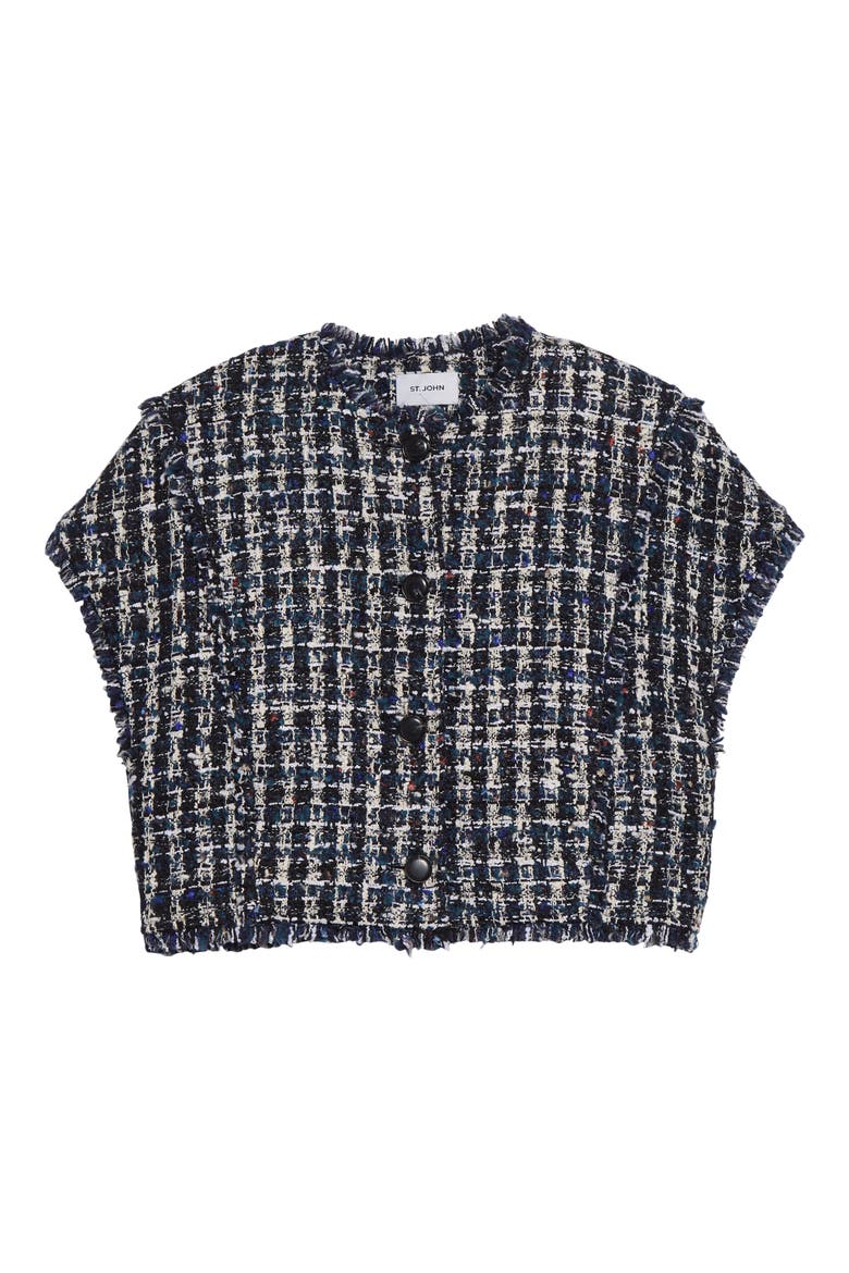 Fringe Cap Sleeve Multicolor Check Tweed Jacket, Alternate, color, TOURMALINE MULTI