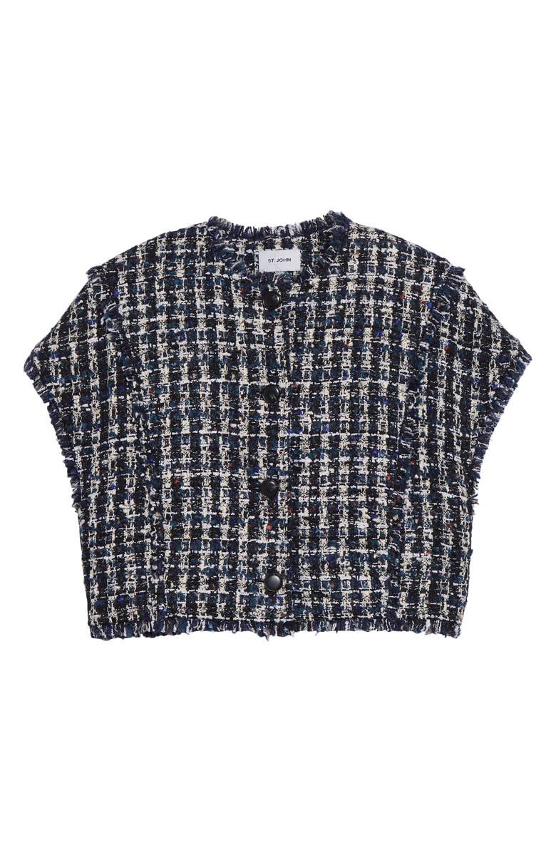 ST. JOHN Fringe Cap Sleeve Multicolor Check Tweed Jacket, Alternate, color, Tourmaline Multi