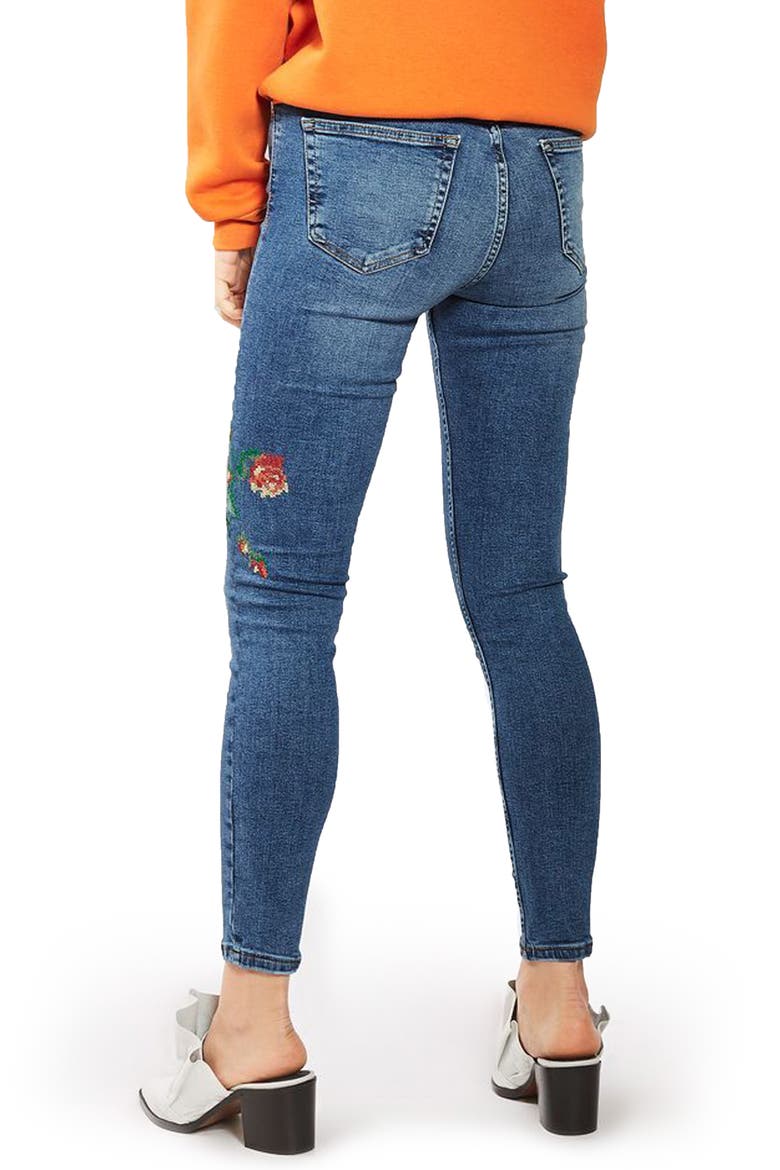 Jamie Embroidered Skinny Jeans, Alternate, color, MID DENIM