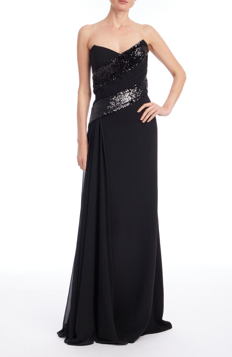 Badgley Mischka Collection Sequin Strapless Gown, Main, color, Black