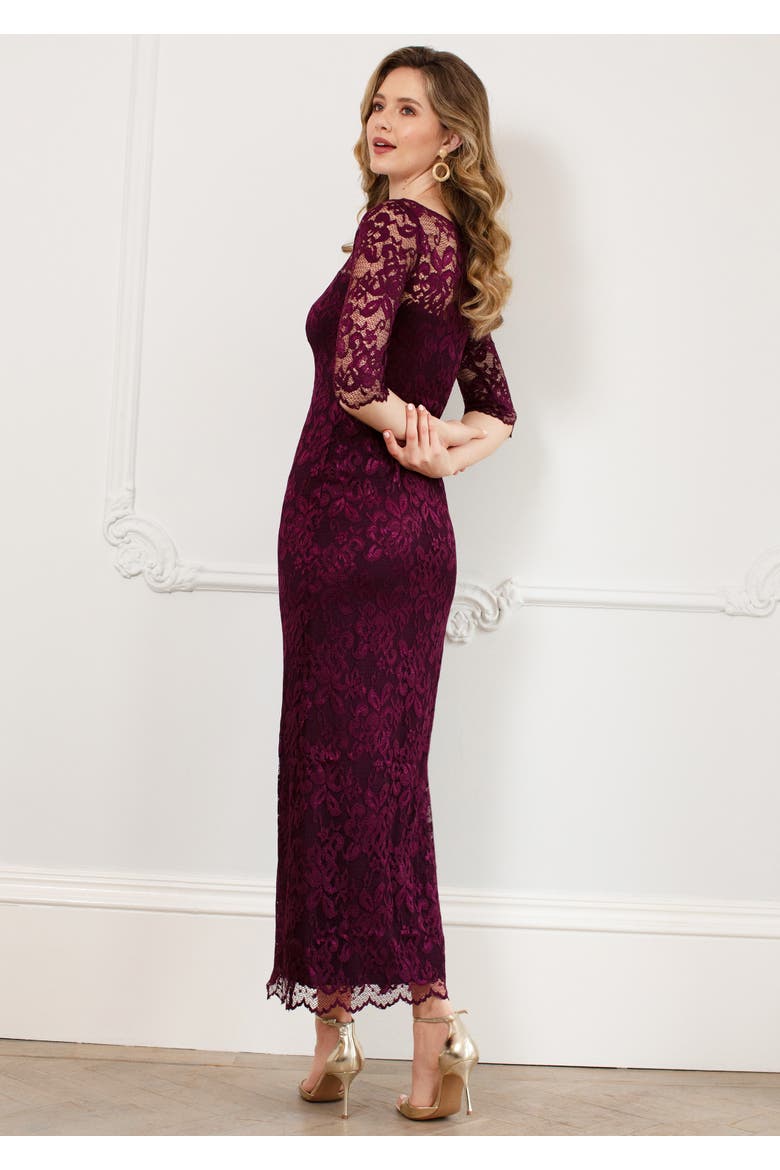 Lila 3/4 Sleeve Lace Maxi Gown, Alternate, color, Claret