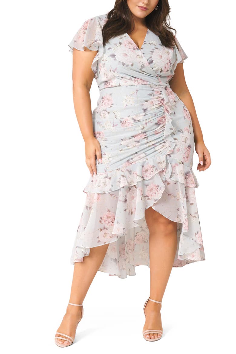 Bronte Floral Print Ruched High/Low Dress, Main, color, PEONY BLOSSOM