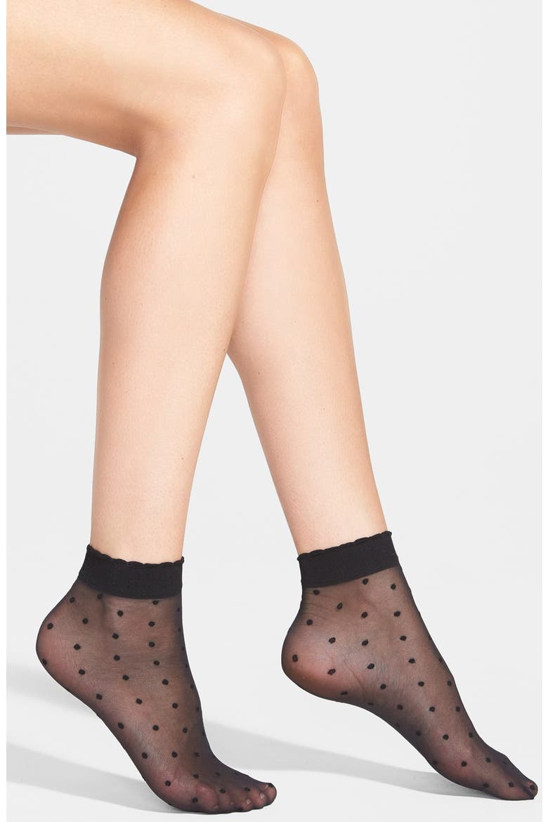 Sheer Pin Dot Anklet Socks, Main, color, BLACK