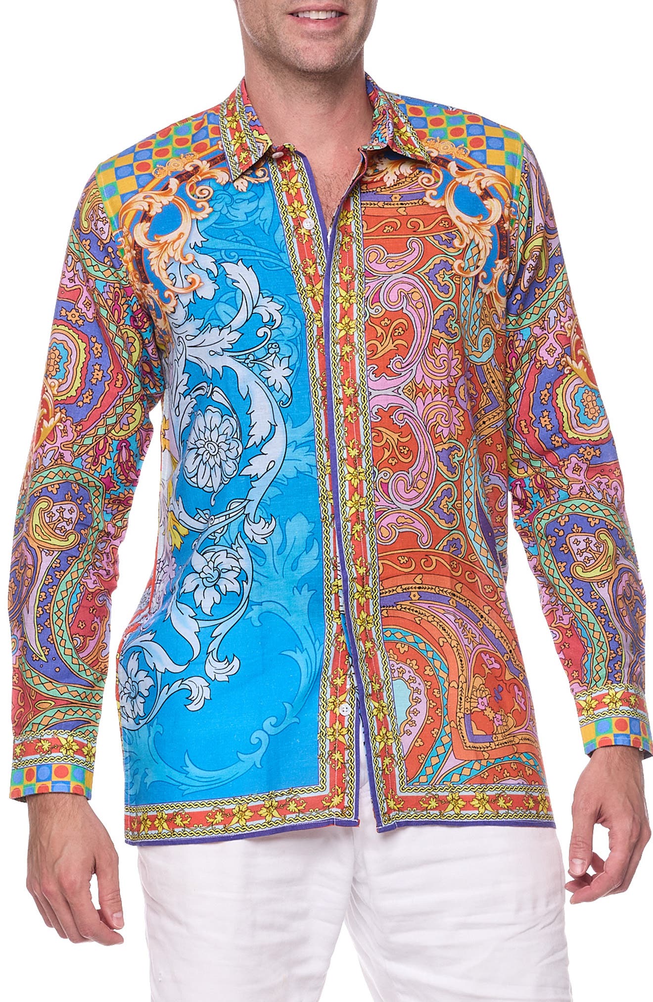 RANEES Filigree Print Linen & Cotton Blend Button-Up Shirt