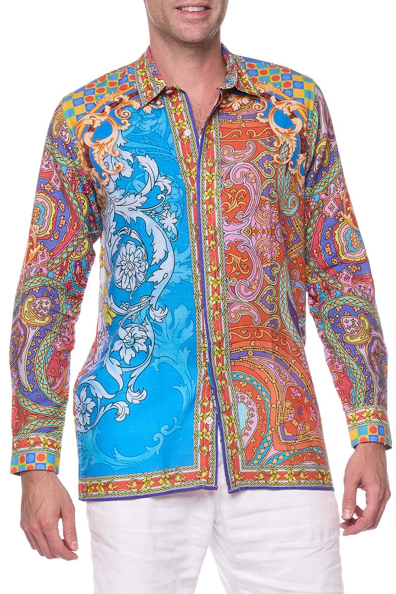 Filigree Print Linen & Cotton Blend Button-Up Shirt, Main, color, BLUE