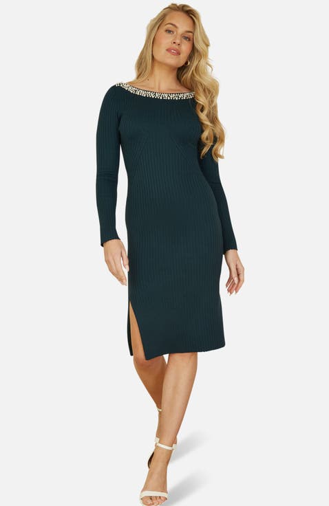 Bedazzled Neck Fitted Midi Knitted Dress
