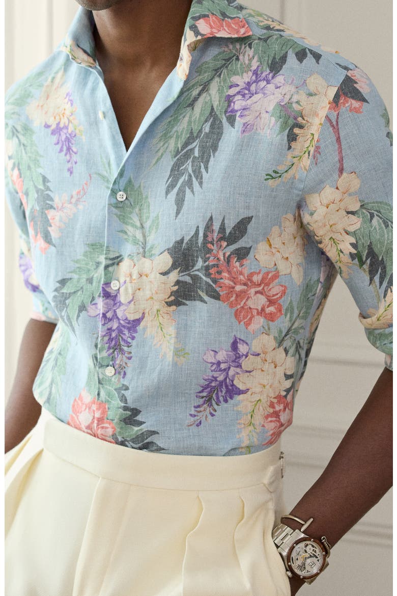 Palma Floral Linen Button-Up Shirt, Alternate, color, BLUE MULTI