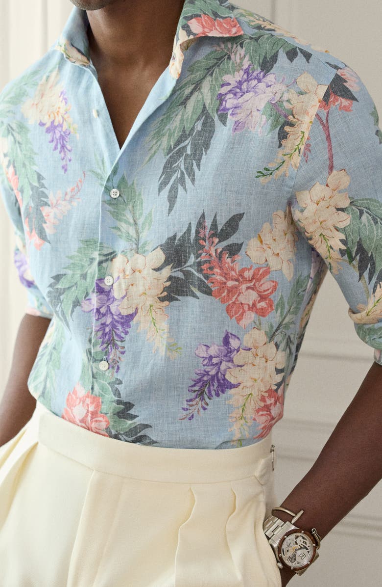Ralph Lauren Purple Label Palma Floral Linen Button-Up Shirt, Alternate, color, Blue Multi