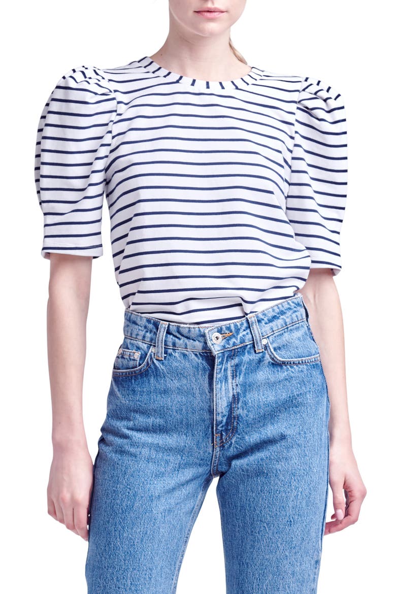 Stripe Puff Sleeve Top, Main, color, WHITE/NAVY