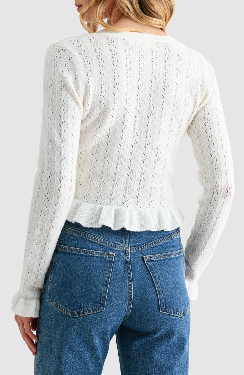 All in Favor Pointelle Ruffle Hem Crop Cardigan, Alternate, color, Off White