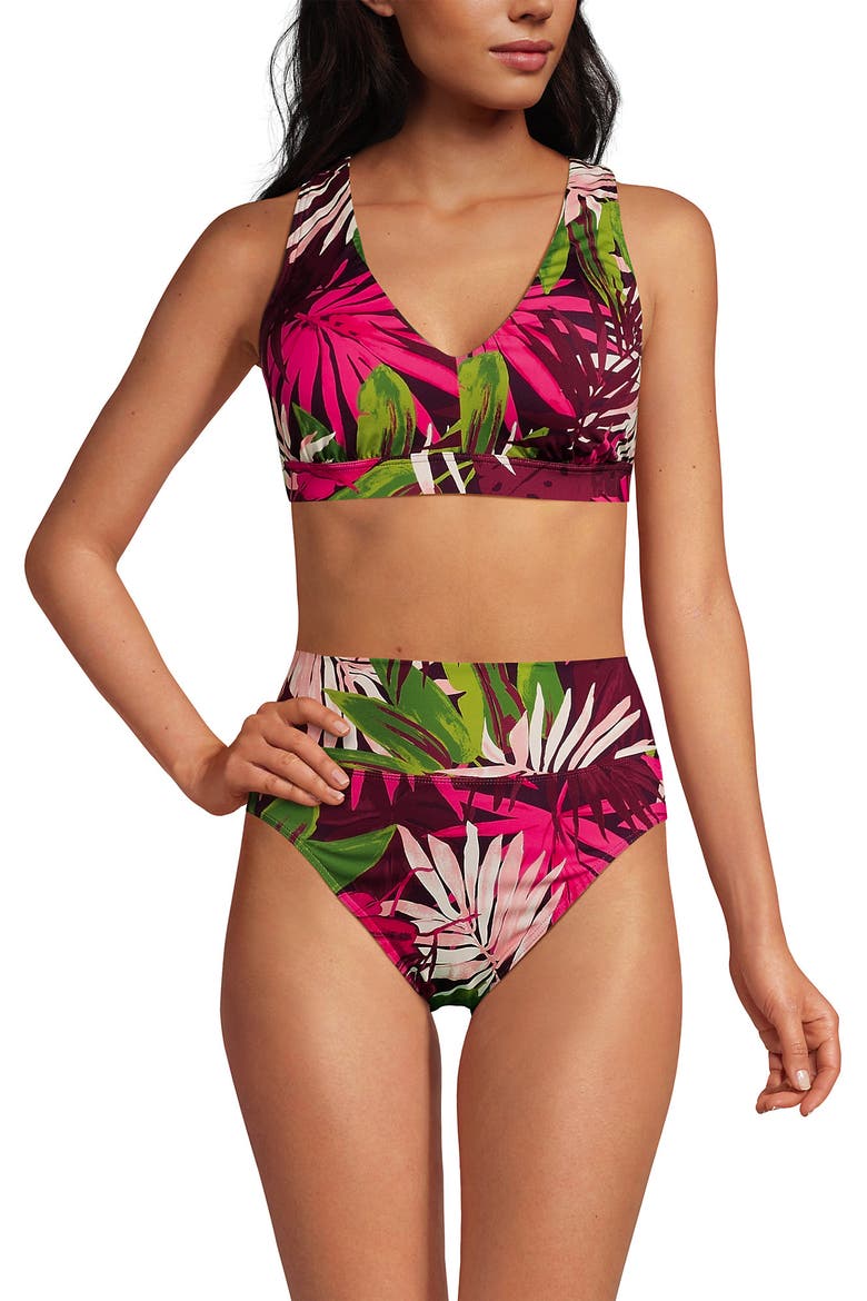 Chlorine Resistant V-neck Midkini Swimsuit Top and High Leg High Waisted Bottoms 2 Piece Set, Alternate, color, Dark Wine Multi Tropical Palm