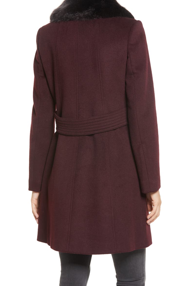 Asymmetrical Wool Coat with Faux Fur Collar, Alternate, color, BURGUNDY