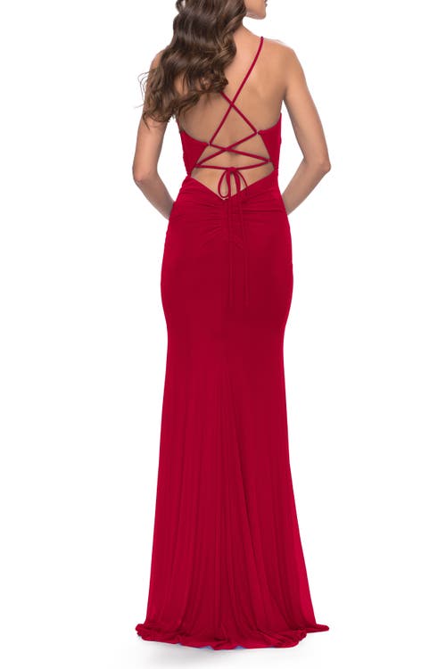 La Femme Net Jersey Dress With Cutouts And High Slit In Red