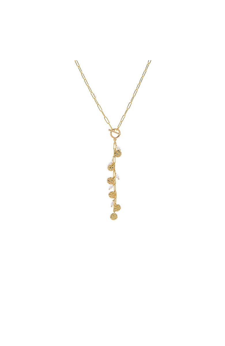 BY ADINA EDEN Textured Coin & Pearl Drop Lariat Necklace, Main, color, Gold