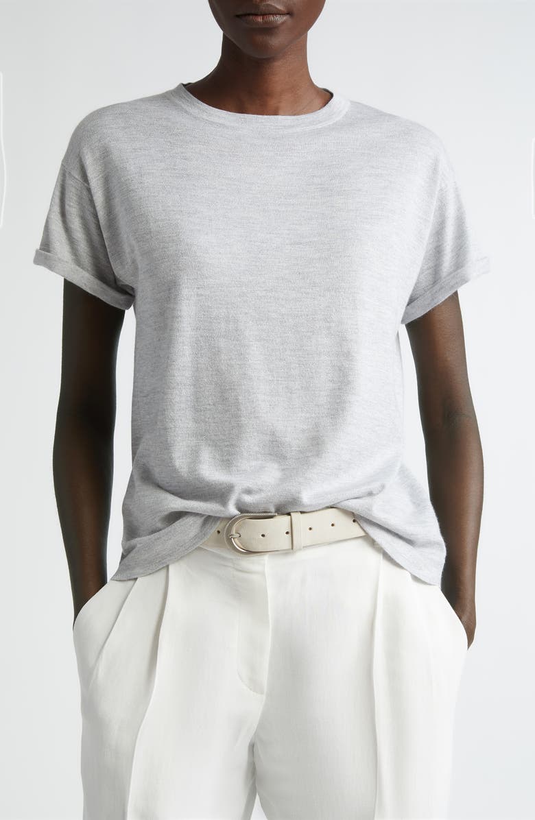Brunello Cucinelli Metallic Cuff Sleeve Cashmere & Silk T-Shirt, Main, color,