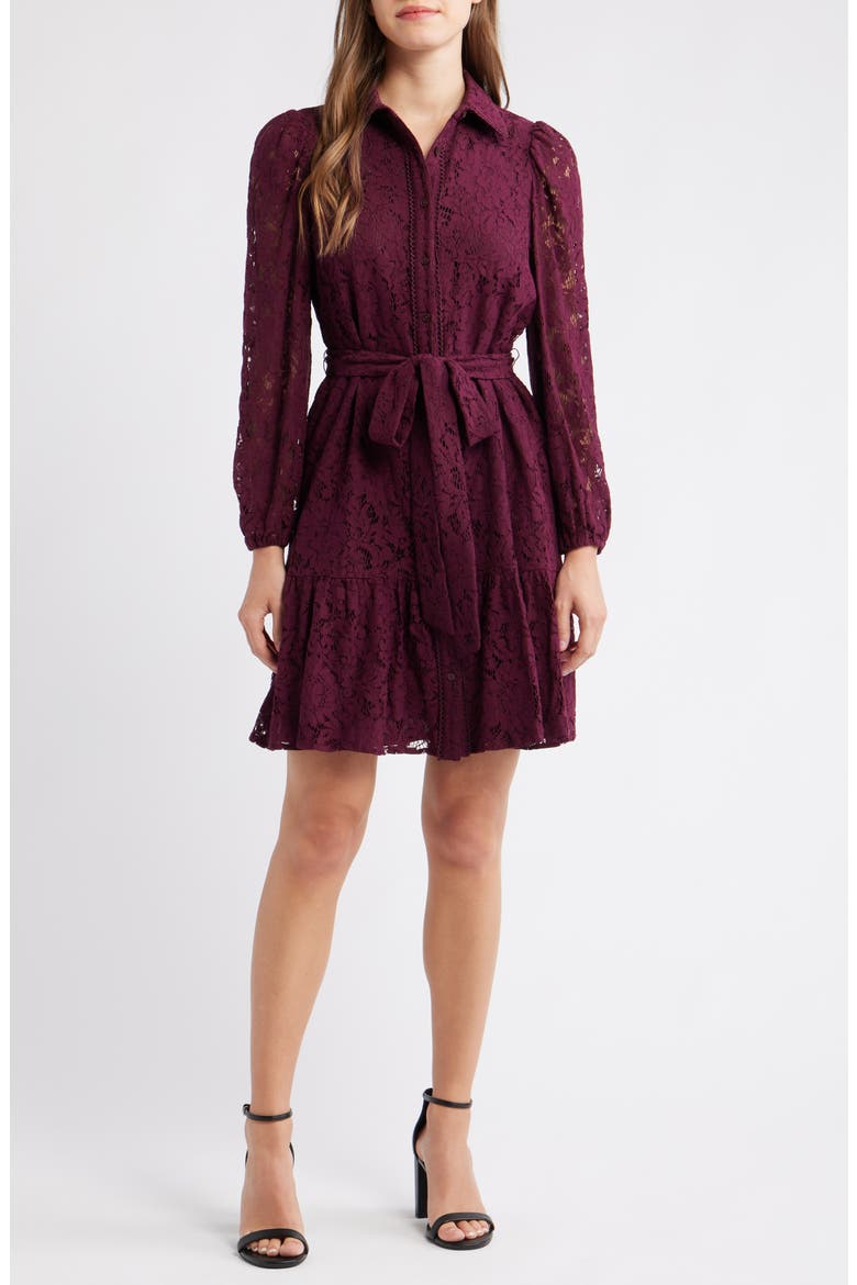 Lace Long Sleeve Tiered Shirtdress, Main, color, DARK CHIANTI