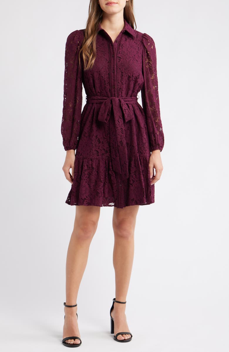 Anne Klein Lace Long Sleeve Tiered Shirtdress, Main, color, Dark Chianti