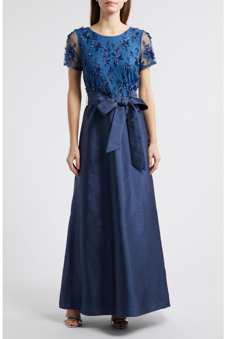 3D Floral Bodice Beaded Gown, Main, color, DENIM 427