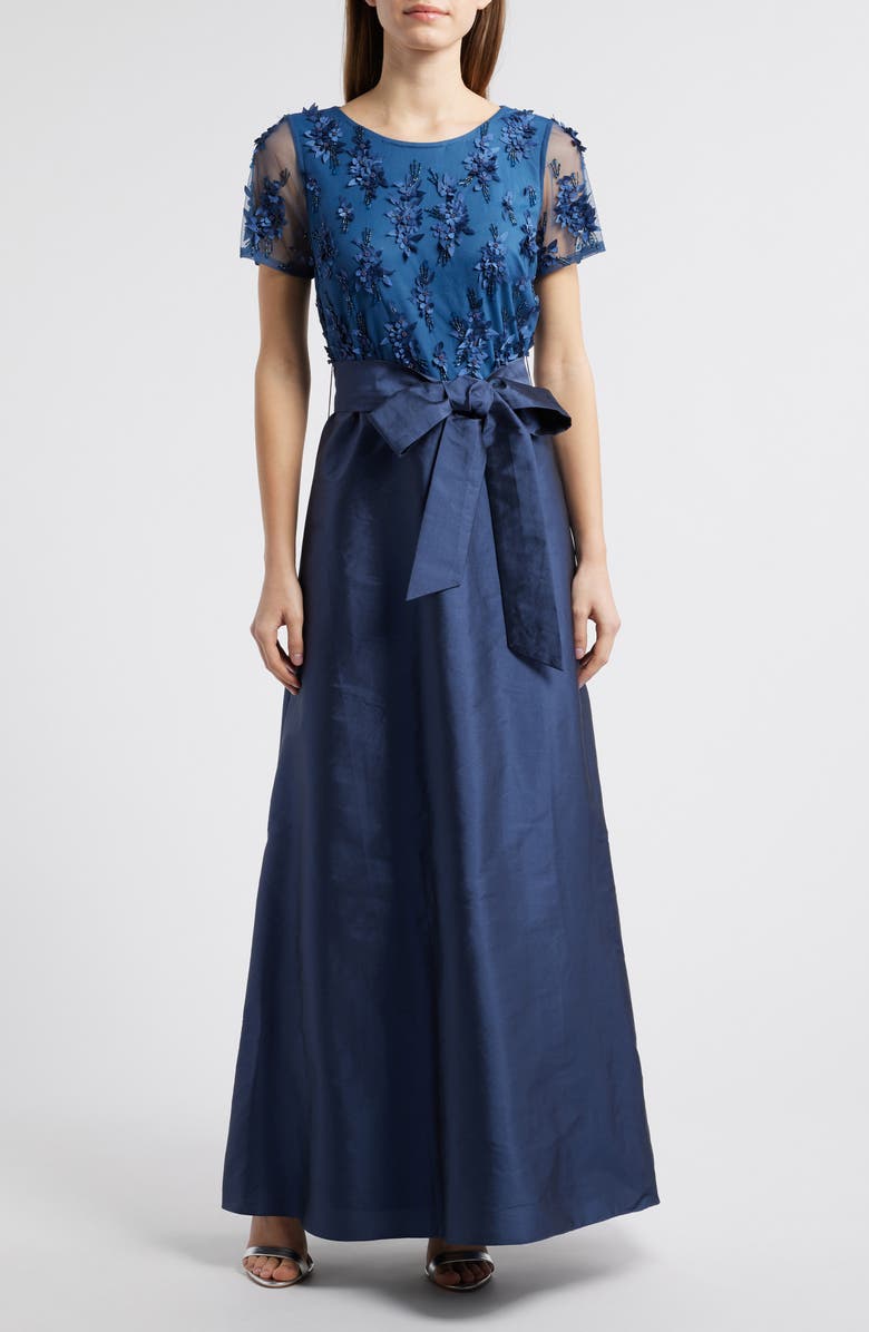 Pisarro Nights 3D Floral Bodice Beaded Gown, Main, color, Denim