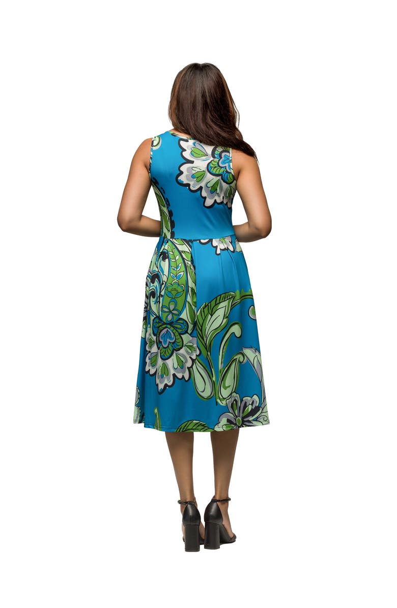 24seven Comfort Apparel Maternity Midi Length Teal Paisley Print Sleeveless Pleated Pocket Dress, Alternate, color, Blue Multi