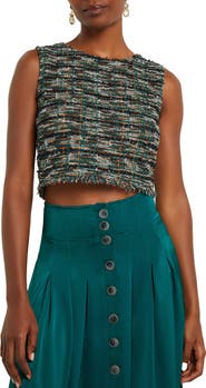 Misook Metallic Fringe Crop Tweed Tank