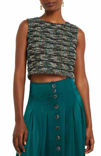 Misook Metallic Fringe Crop Tweed Tank