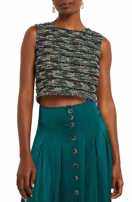 Misook Metallic Fringe Crop Tweed Tank