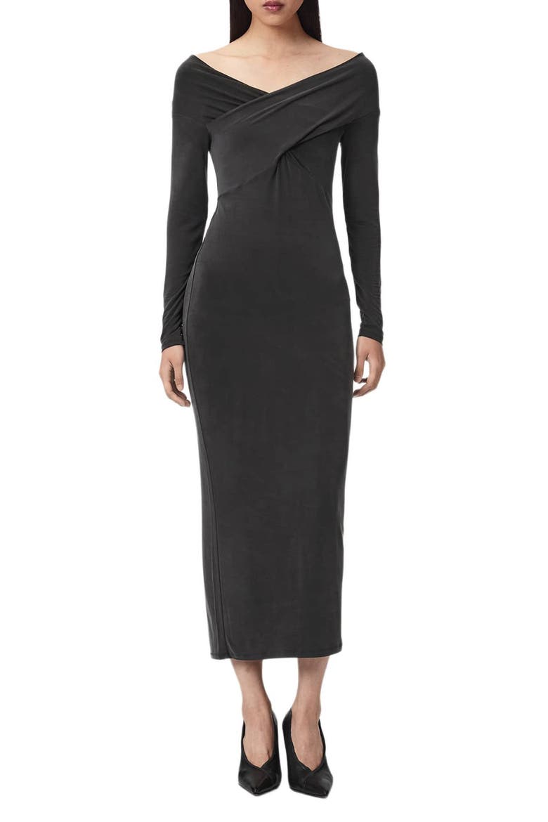 Delta Off the Shoulder Long Sleeve Maxi Dress, Main, color, BLACK