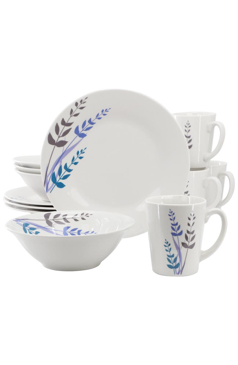 Gibson Home Blue Leaves 12 Piece Round Fine Ceramic Decorated Dinnerware Set, Main, color, White