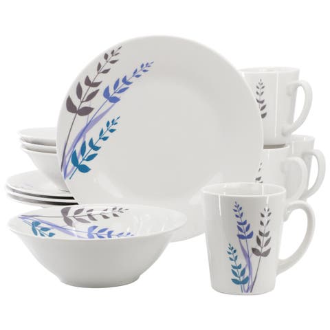 Blue Leaves 12 Piece Round Fine Ceramic Decorated Dinnerware Set