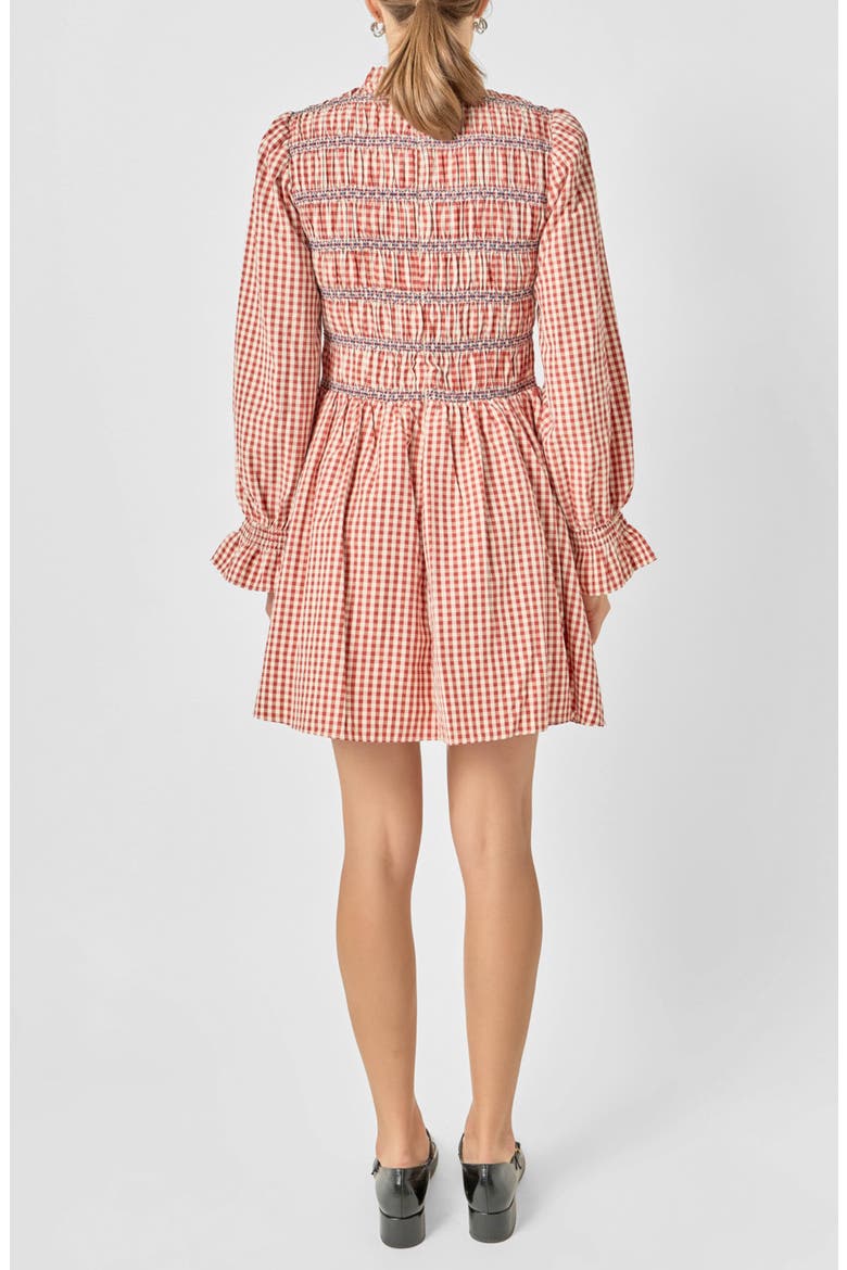 Gingham Smocked Long Sleeve Minidress, Alternate, color, DARK CHERRY