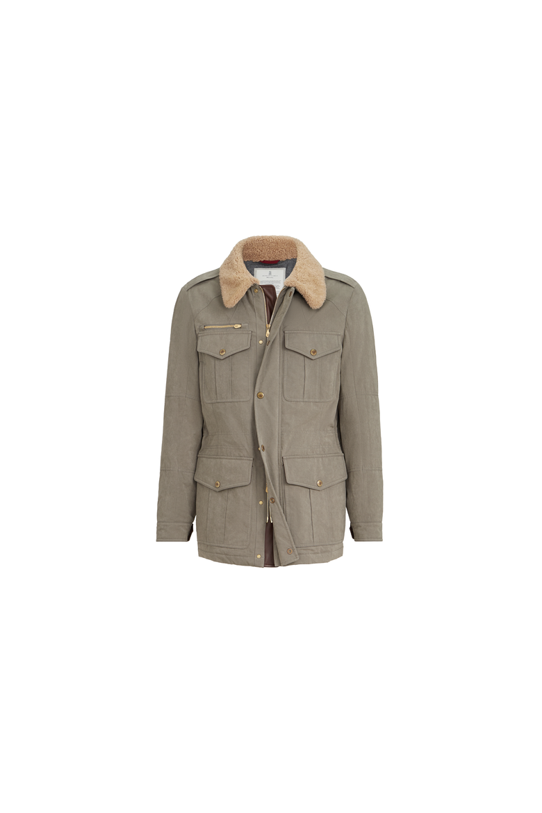 Waxed techno cotton safari jacket with Thermore® padding, nappa leather inserts and shearling collar, Alternate, color, Medium Grey