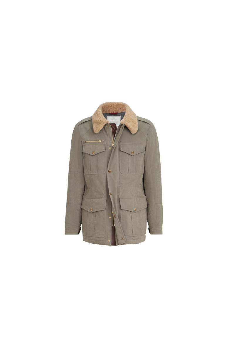 Brunello Cucinelli Waxed techno cotton safari jacket with Thermore<sup>®</sup> padding, nappa leather inserts and shearling collar, Alternate, color, Medium Grey