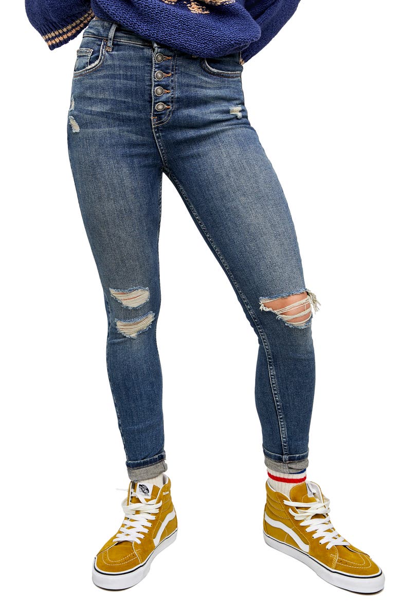 Sabrina Ripped High Waist Crop Super Skinny Jeans, Main, color, MID INDIGO