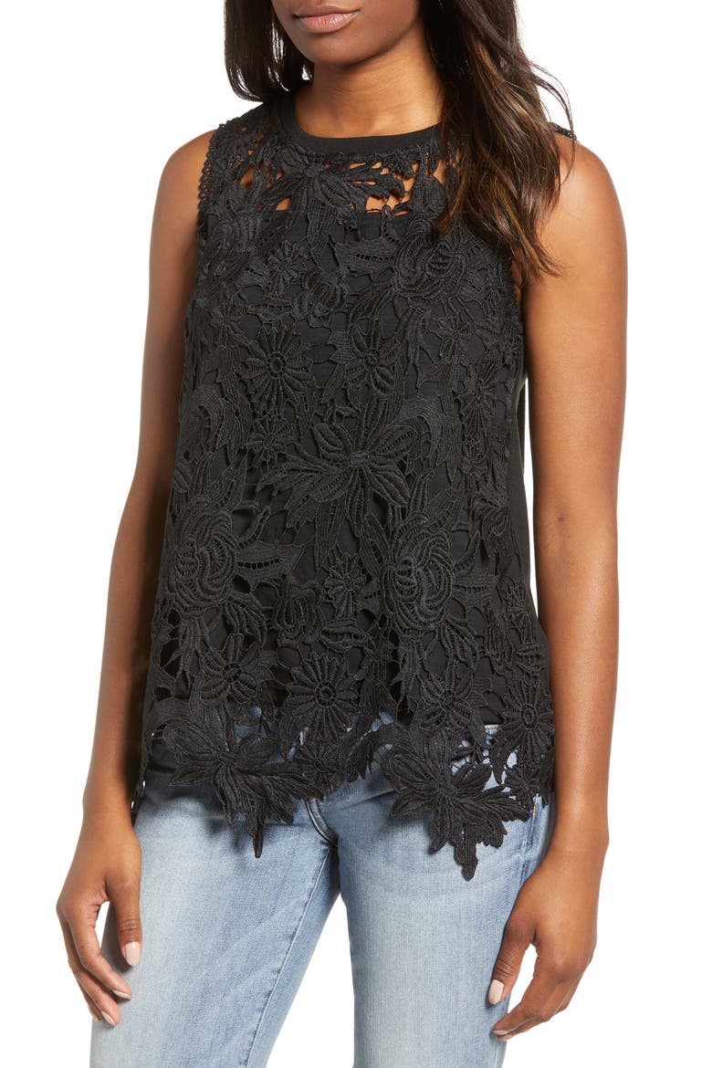 Lace Front Sleeveless Top, Main, color, BLACK