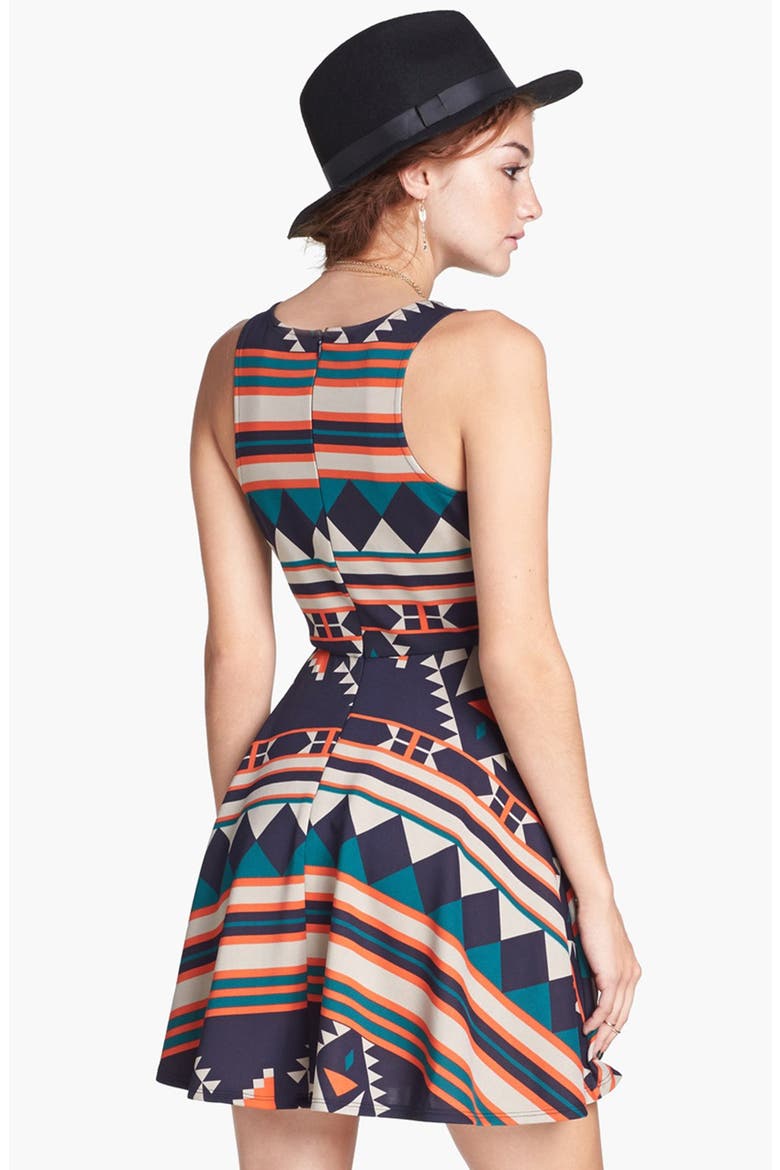 dee elle Geometric Pattern Skater Dress, Alternate, color, ORANGE/ NAVY