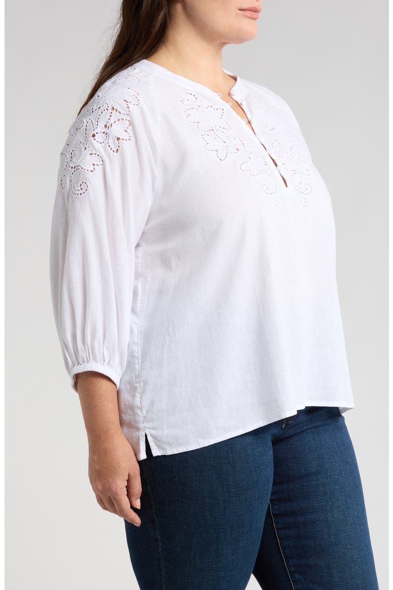 Embroidered Cutwork Split Neck Linen Blend Popover Top, Alternate, color, WHITE