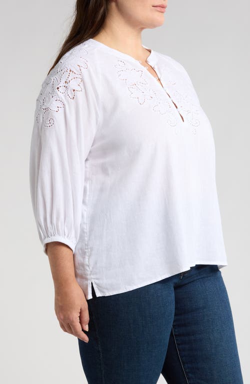 Caslonr Caslon(r) Embroidered Cutwork Split Neck Linen Blend Popover Top In White