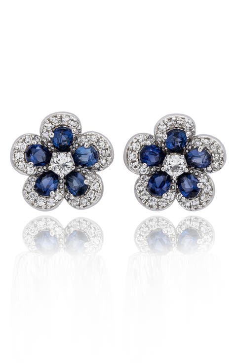 Sapphire & Diamond Flower Stud Earrings