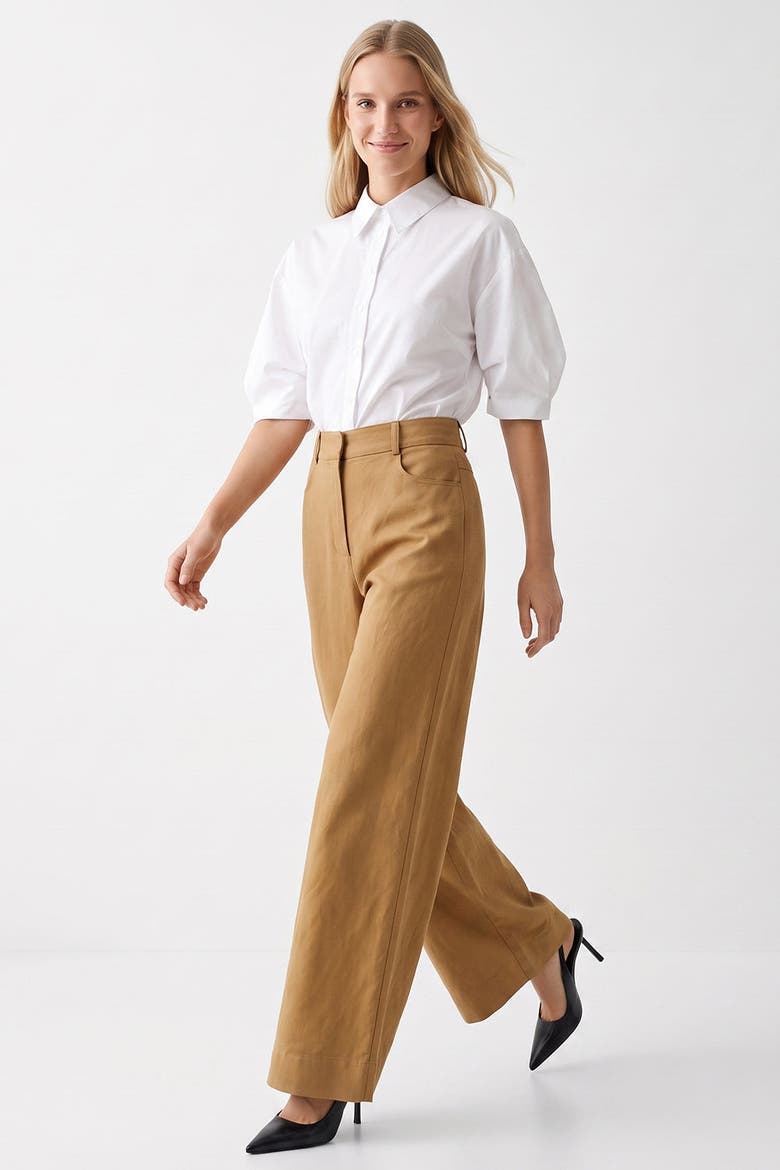 Sienna High Waisted Wide Leg Linen Pants, Alternate, color, CAMEL