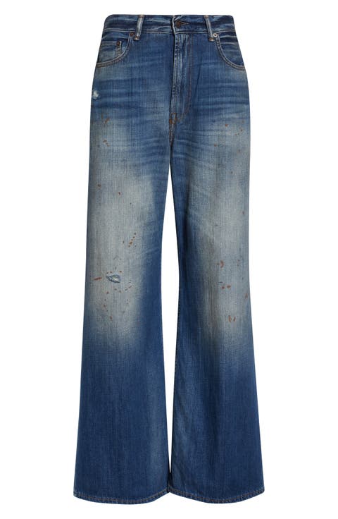 Distressed and Dirtied Regular Fit Wide Leg Jeans