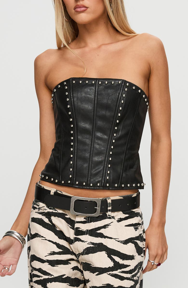 Princess Polly Lethal Studded Faux Leather Strapless Corset Top, Main, color, 